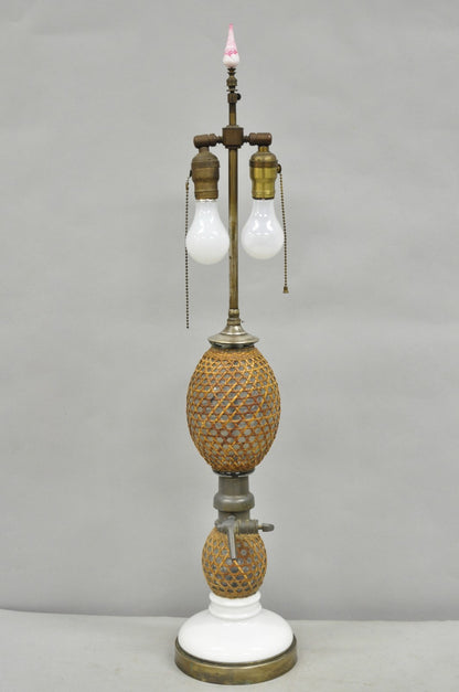 Antique French Victorian Rattan Wrapped Blown Glass Seltzer Bottle Table Lamp