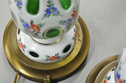 Antique Czech Bohemian Glass Emerald Green Flower Painted Table Lamps - a Pair