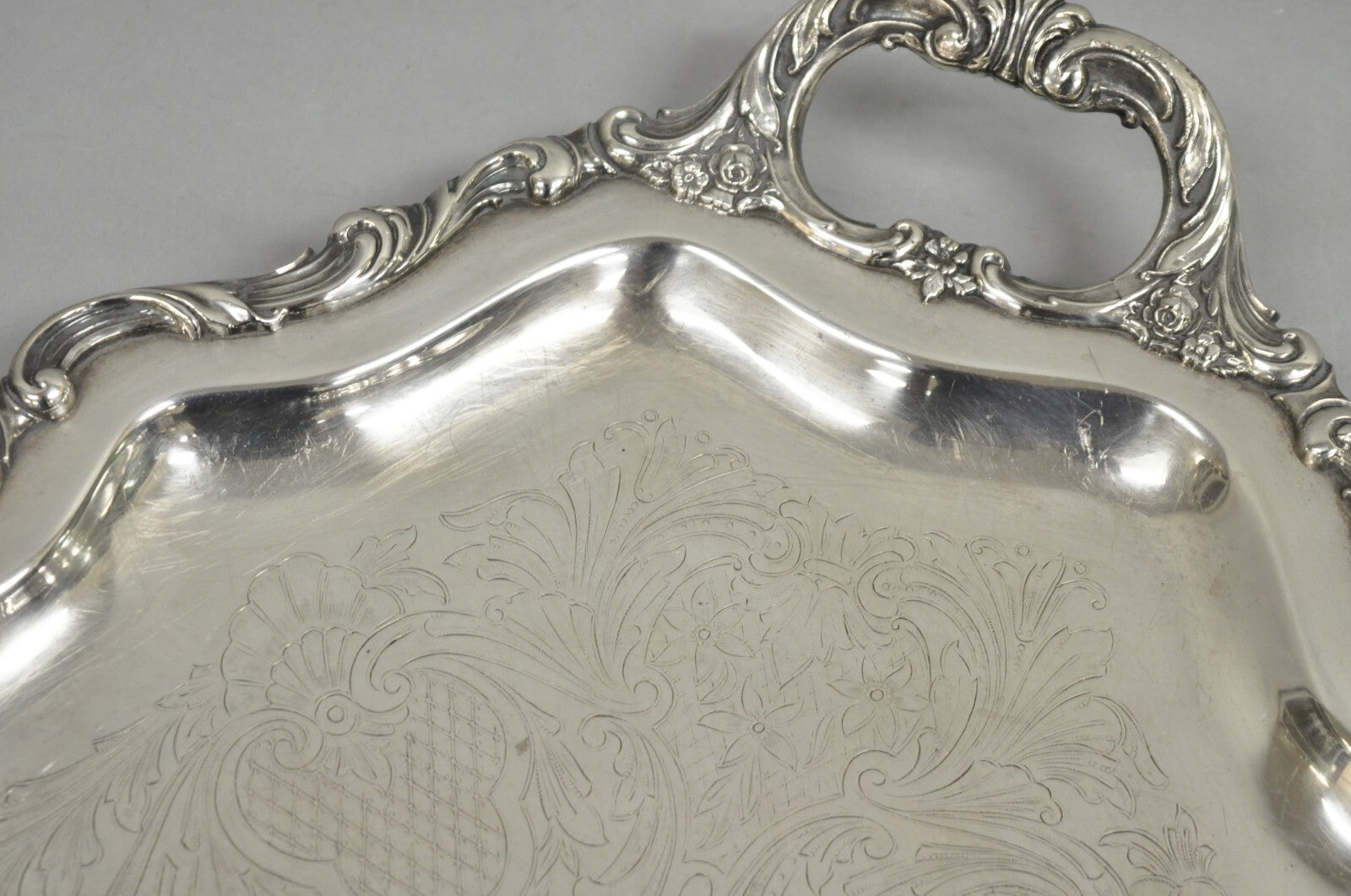Antique Wallace Baroque Large 28" Silver Plated Serving Bar Tray w/ Handles