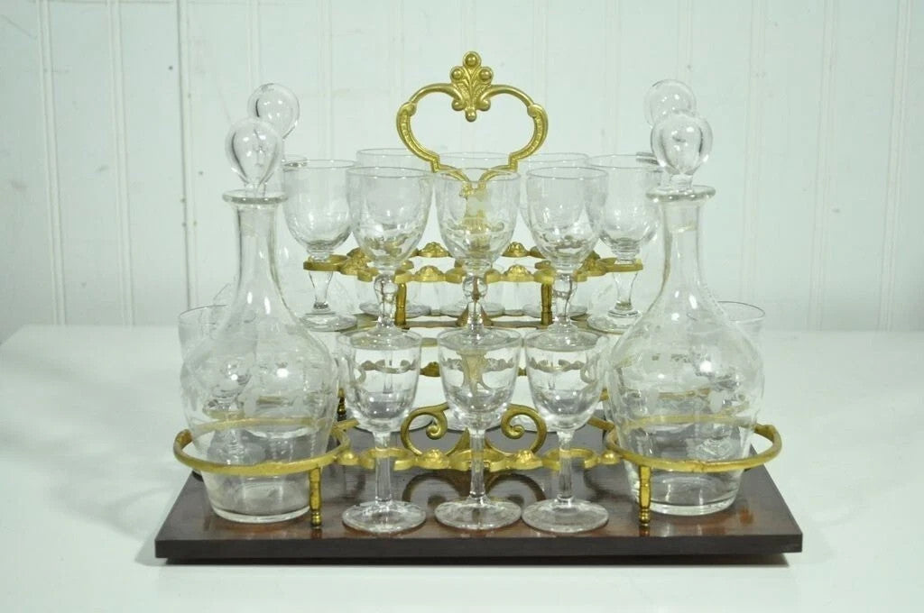 Antique French Brass Inlay Tantalus Box Cordial Decanter Set Liquor Cabinet