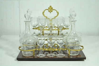 Antique French Brass Inlay Tantalus Box Cordial Decanter Set Liquor Cabinet