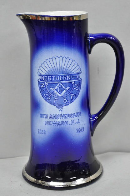Antique 1913 60th Anni Northern Lodge No. 25 Masonic Cobalt Blue Ceramic Pitcher