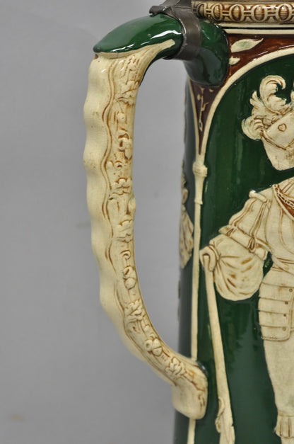 Antique German XL 20" Tall Figural Green Stoneware Beer Stein Tankard Mug w/ Lid