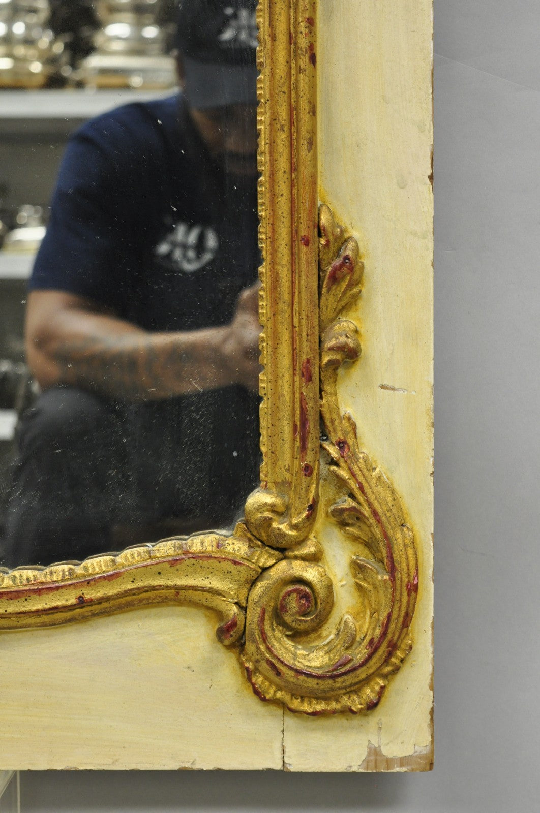 Antique French Louis XV Style Cream & Gold Gilt Drape Ribbon Trumeau Wall Mirror