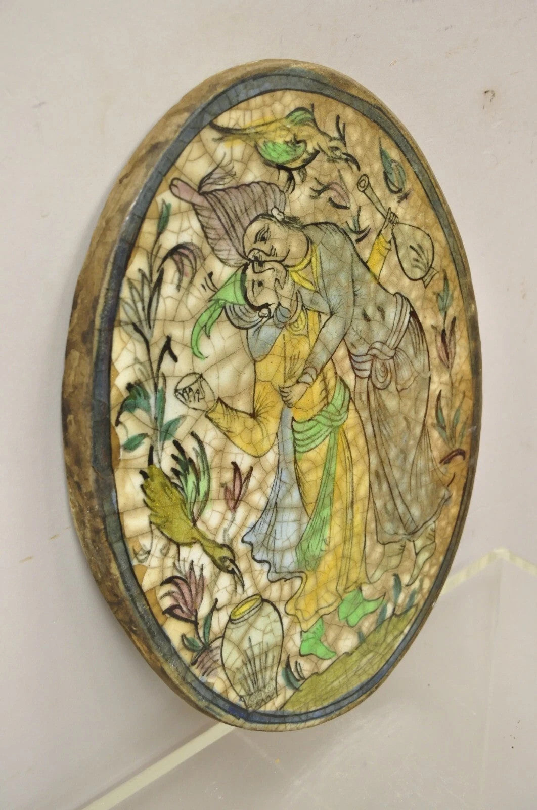 Antique Persian Iznik Qajar Style Ceramic Pottery Oval Tile Couple Embrace C3