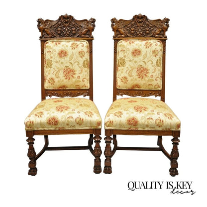 Antique Renaissance Oak Winged Griffin Paw Foot Dining Chair Attr RJ Horner Pair