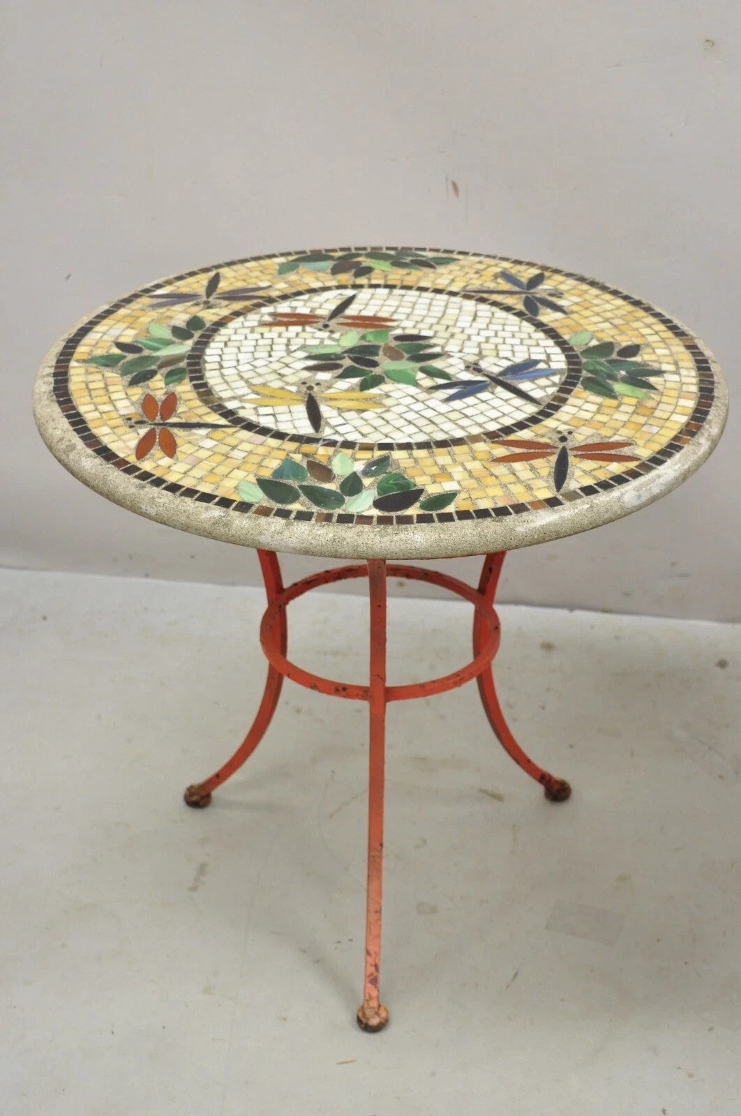 Italian Dragonfly Mosaic Tile Round Stone Top Iron Patio Side Tables - Pair