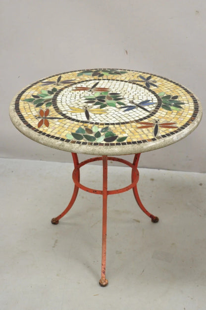 Italian Dragonfly Mosaic Tile Round Stone Top Iron Patio Side Tables - Pair
