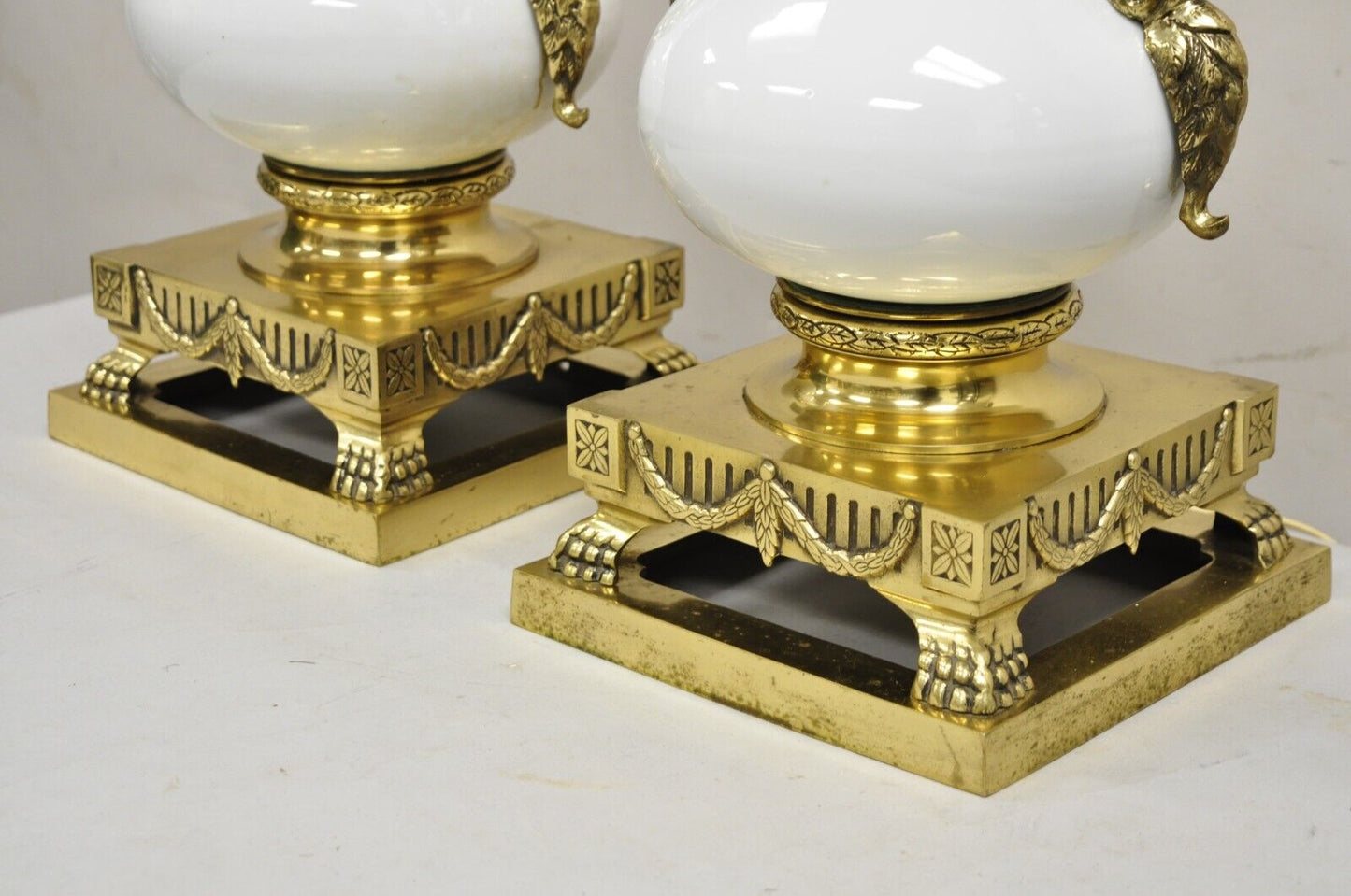 Vintage French Empire Neoclassical White Porcelain Brass Ormolu Table Lamp Pair