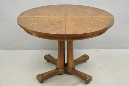 Vintage Mid Century Modern Oak Sunburst Round Extension Pedestal Dining Table