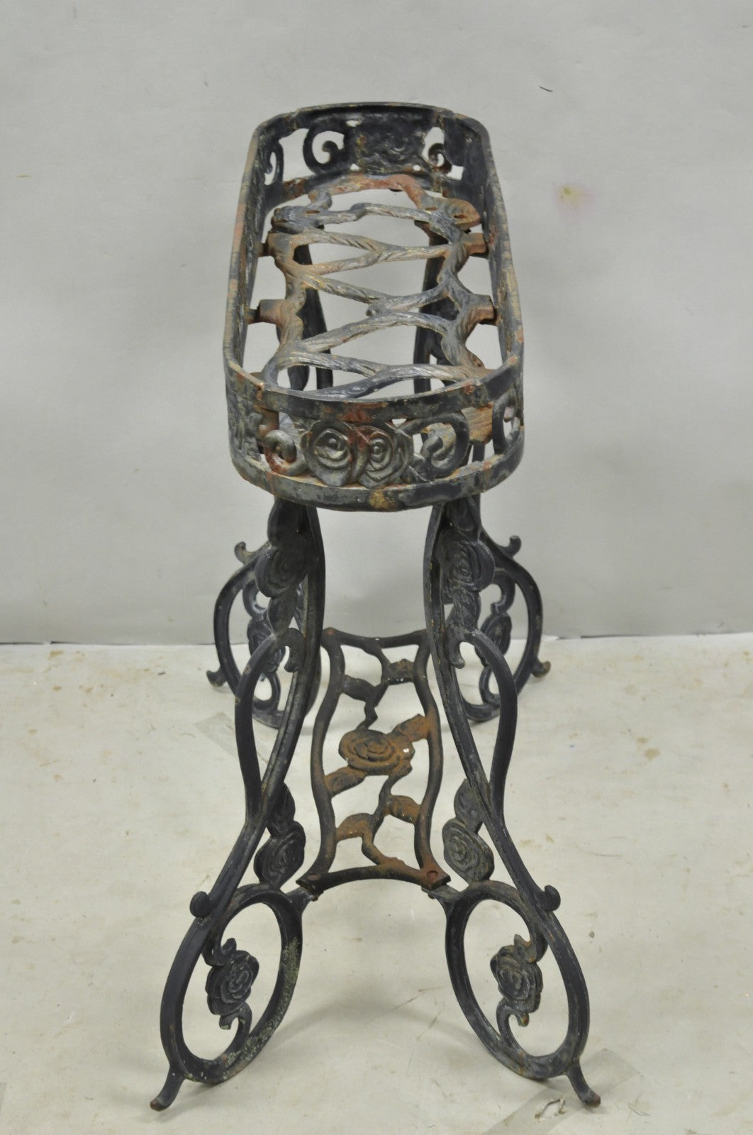 Vintage French Art Nouveau Style Heavy Wrought Iron Garden Planter Plant Stand