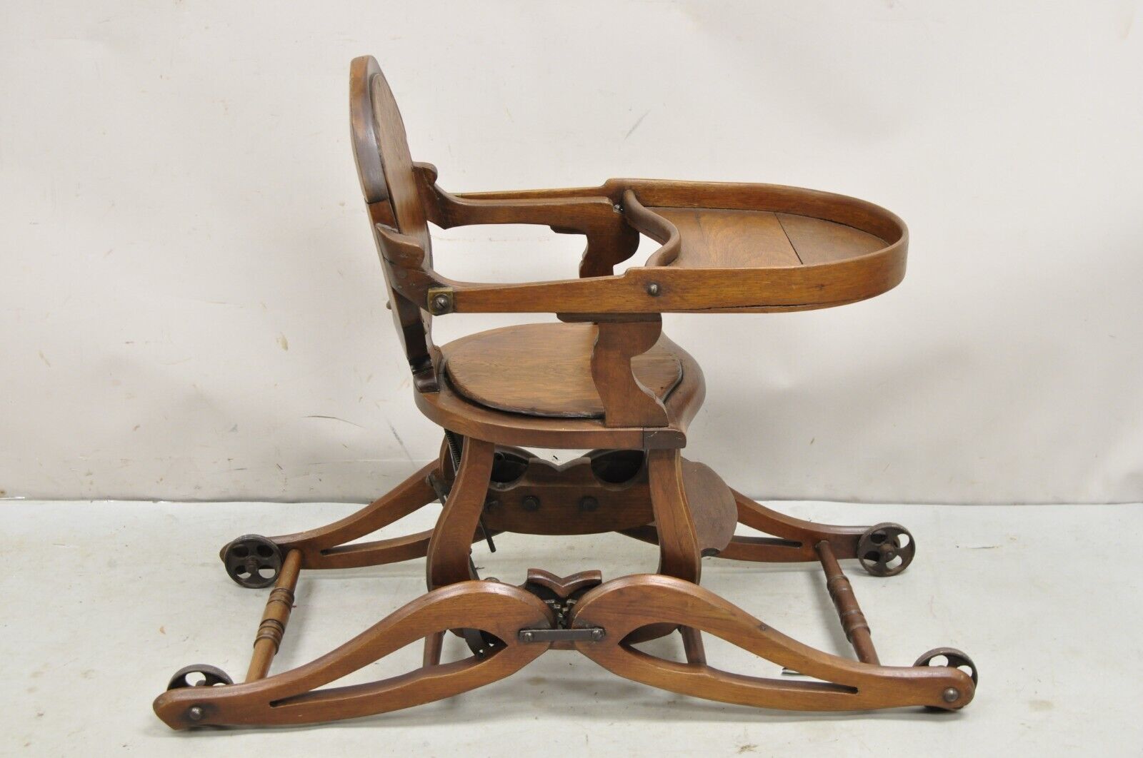 Antique Victorian Walnut Wood Convertible Combination Baby High Chair Stroller