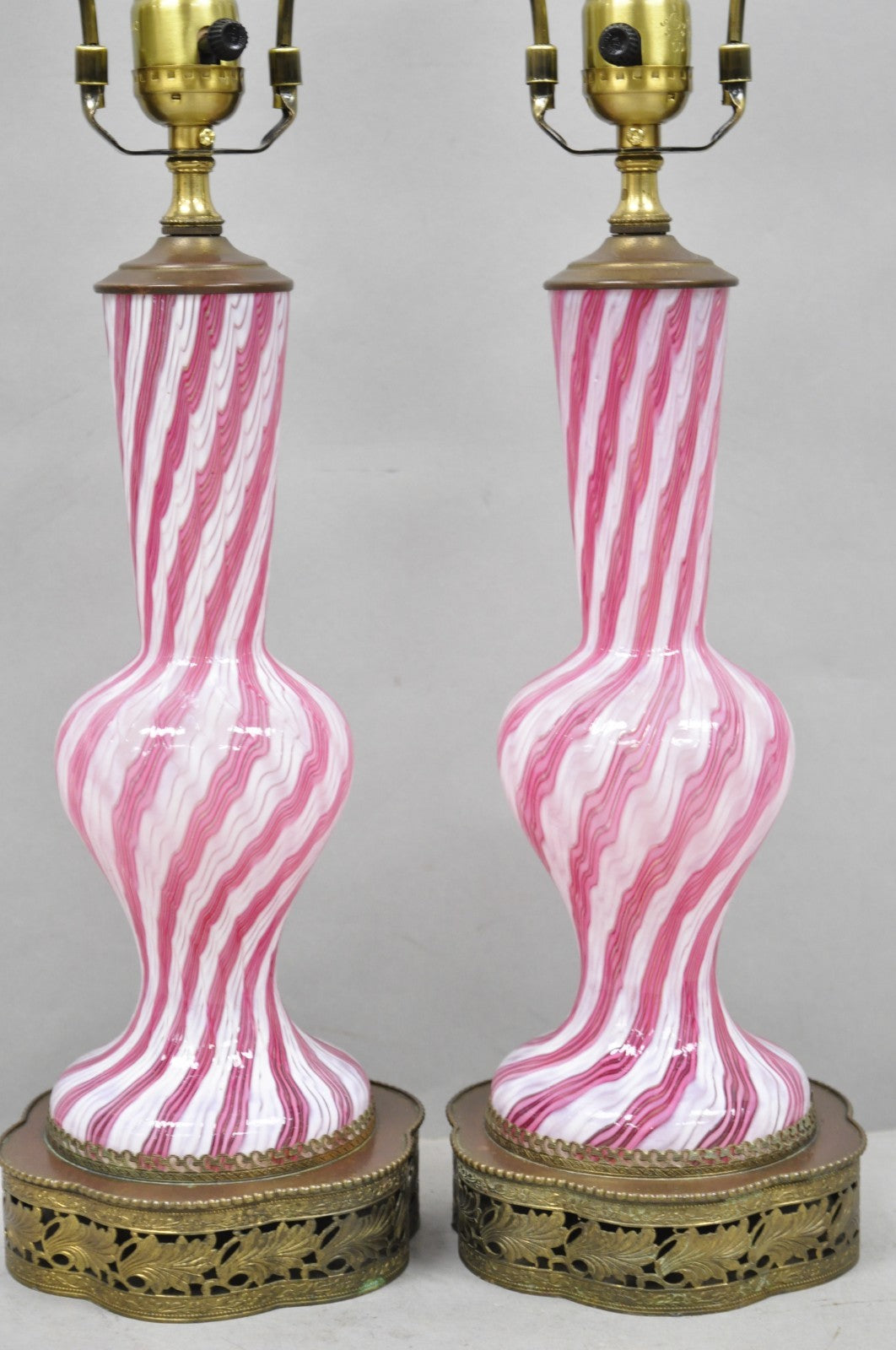 Vintage Italian Latticino Murano Pink Ribbon Swirl Glass Small Table Lamp - Pair