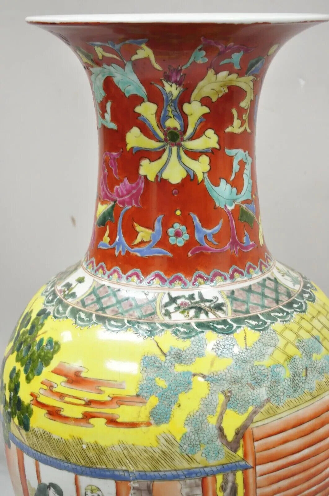 Vintage Chinese Famille Rose Yellow Porcelain Urn Vase 36" Temple Vessel Jar