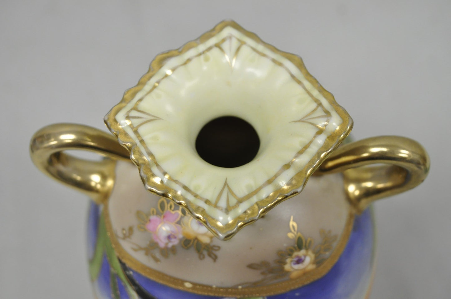 Antique Nippon Moriage Hand Painted Porcelain Purple Iris & Gold Gilt Vase Pair