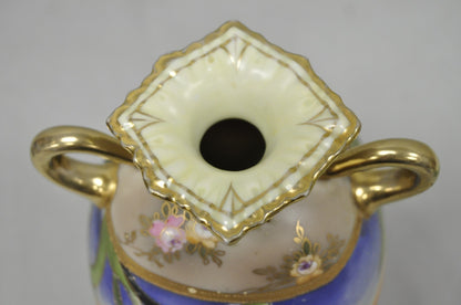 Antique Nippon Moriage Hand Painted Porcelain Purple Iris & Gold Gilt Vase Pair