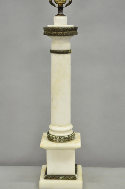 Antique Italian Classical White Carved Marble Empire Column Table Lamp