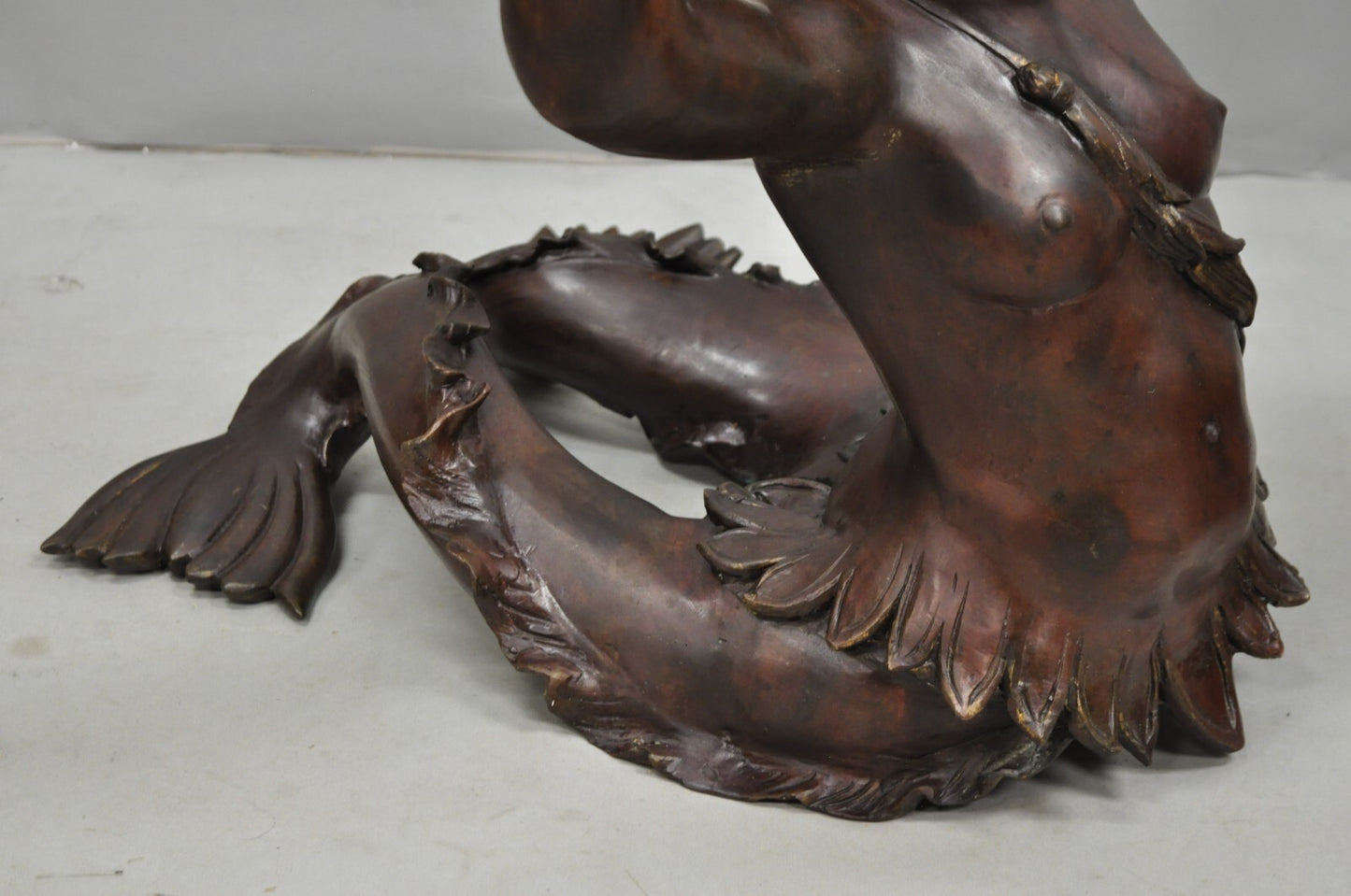 Vintage French Neoclassical Figural Bronze Merman Mermaid Glass Top Coffee Table