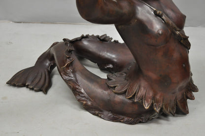 Vintage French Neoclassical Figural Bronze Merman Mermaid Glass Top Coffee Table