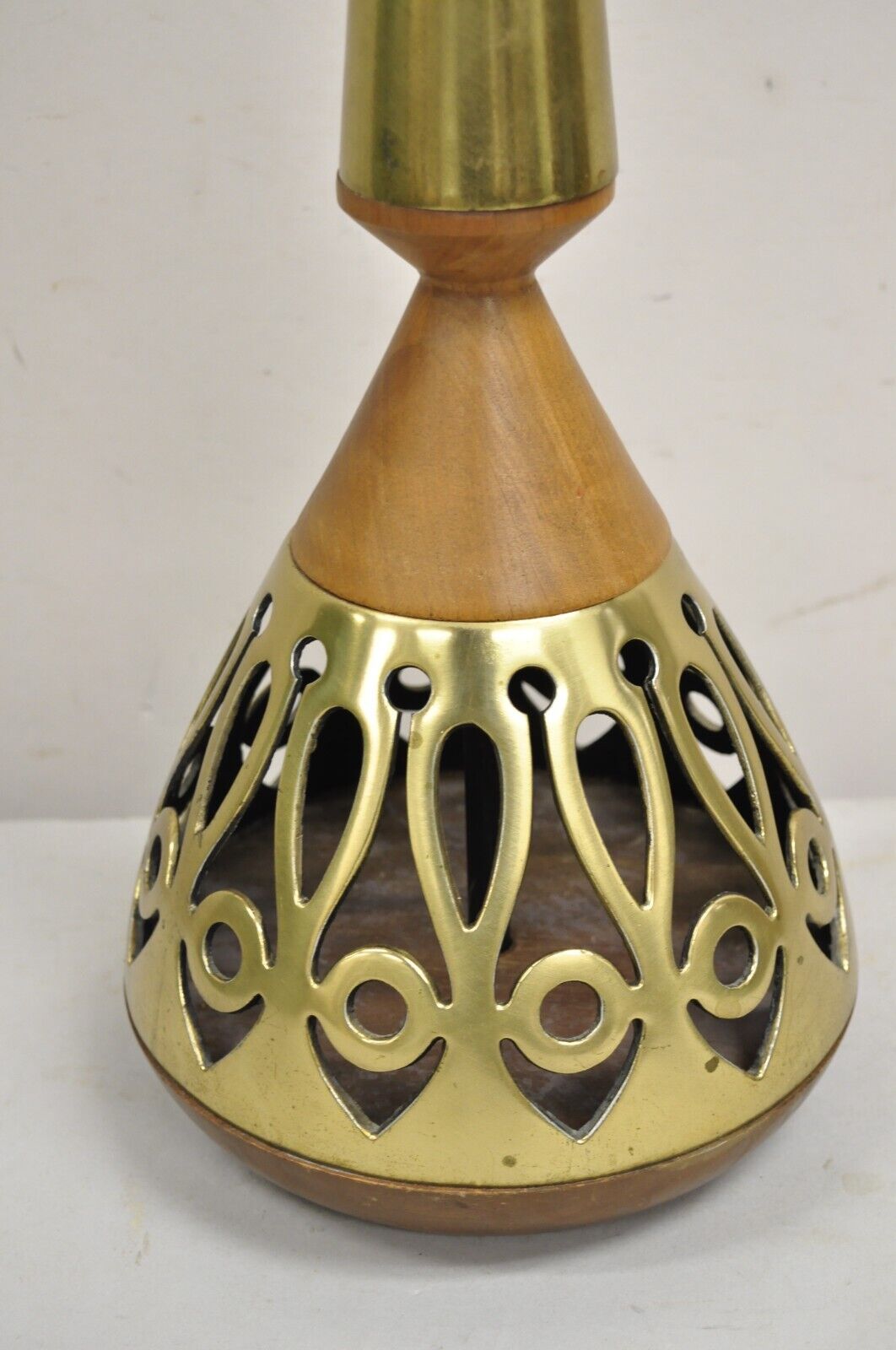 Vintage Mid Century Modern Danish Teak Wood & Brass Fretwork Tall Table Lamp