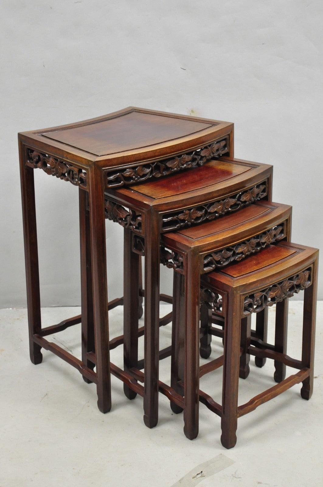 Vintage Chinese Carved Hardwood Curved Frame Nesting Side Tables - Set of 4
