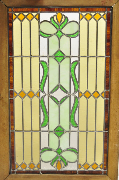 Antique Victorian Leaded Stained Glass Green Amber Tortoise Window in Wood Frame