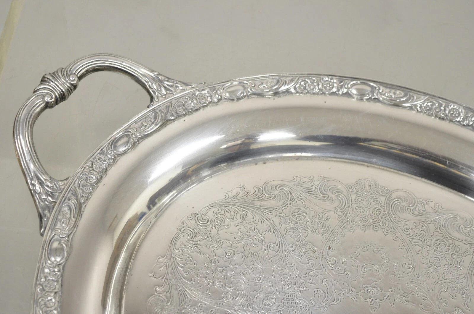Antique Victorian Rose WM Rogers & Son Oval Silver Plated Serving Platter Tray