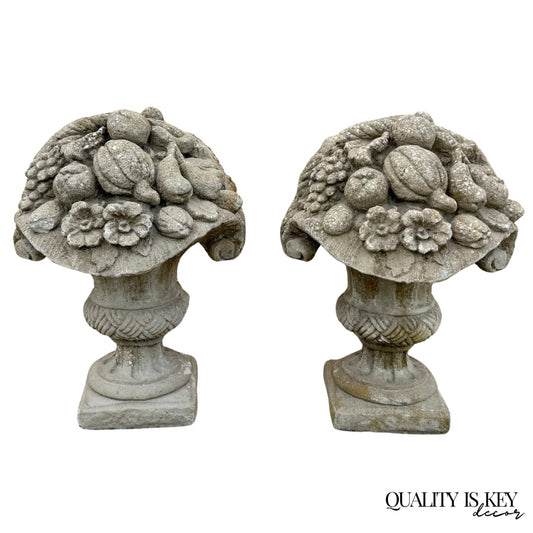 Vintage Cast Cement Stone 26" Fruit & Flower Basket Garden Lawn Ornament - Pair
