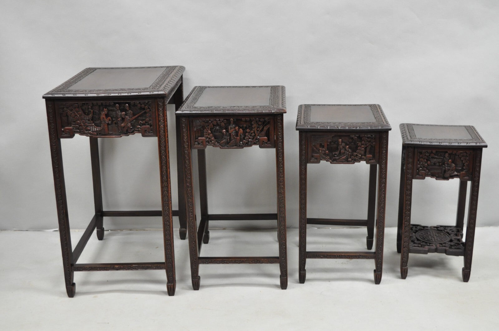 Antique Chinese Carved Rosewood Figural Nesting Side Tables w/ Drawer - 4 Pcs