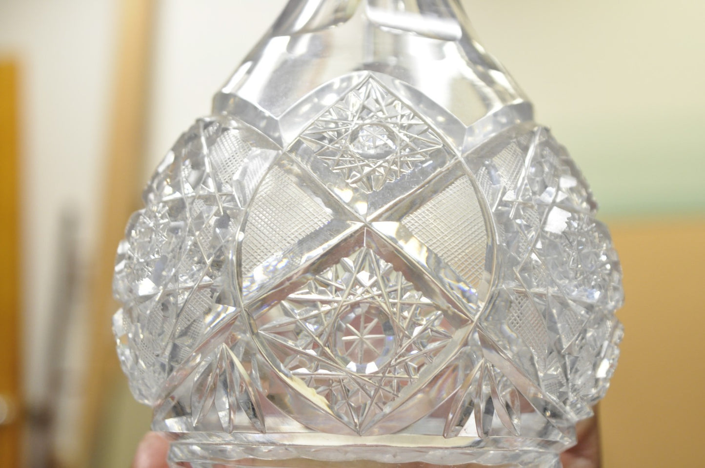 Antique Victorian Leaded Crystal Glass Diamond Etched Small Water Pitcher Jug