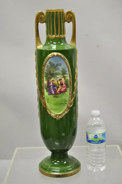Antique Josef Joseph Strnact JS 20" Tall Green French Porcelain Vase, Austria