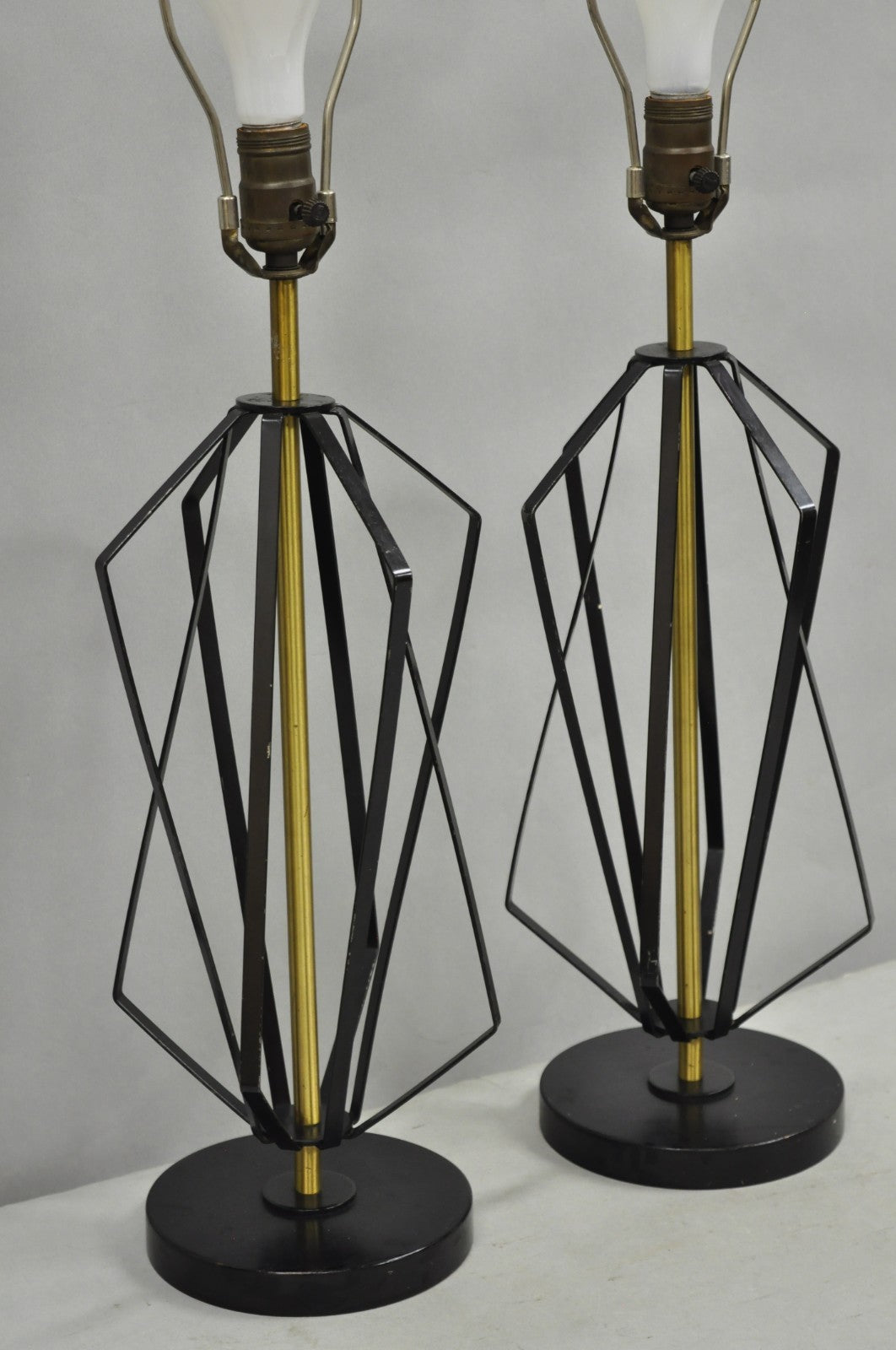 Vintage Mid Century Modern Black Metal & Brass Geometric Helix Table Lamps Pair