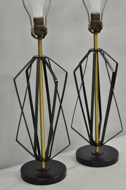 Vintage Mid Century Modern Black Metal & Brass Geometric Helix Table Lamps Pair