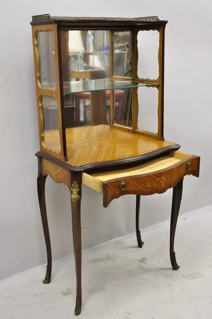 Antique French Louis XV Style Petite Curio Etagere with Satinwood Inlay & Mirror