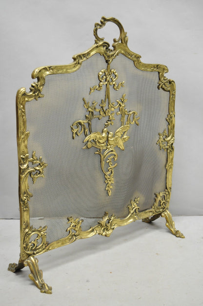 Antique French Rococo Louis XV Bronze Fireplace Firescreen Fire Screen w/ Birds