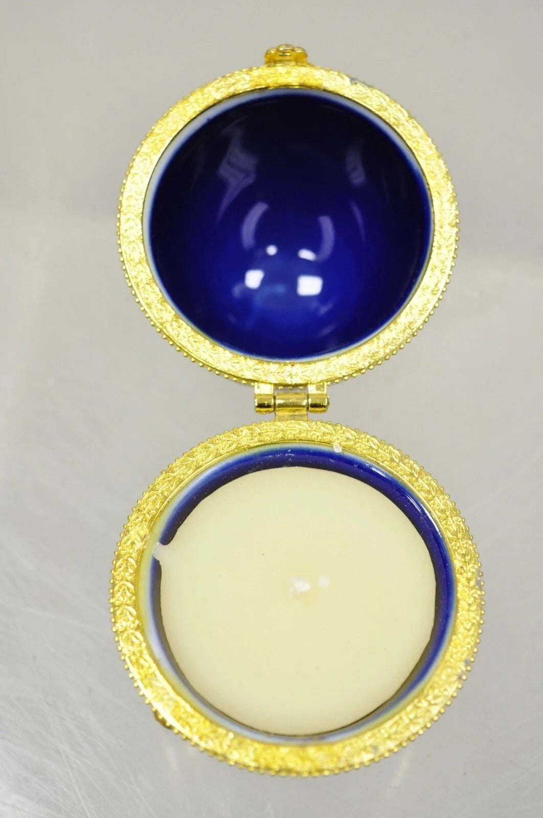 Vintage Cobalt Blue Porcelain Egg Gold Gilt Hinged Lid Candle Trinket Box - 2 Pc