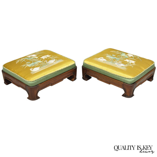 Vintage Chinoiserie Chinese Ming Style Low Footstool Ottoman w/ Silk - Pair