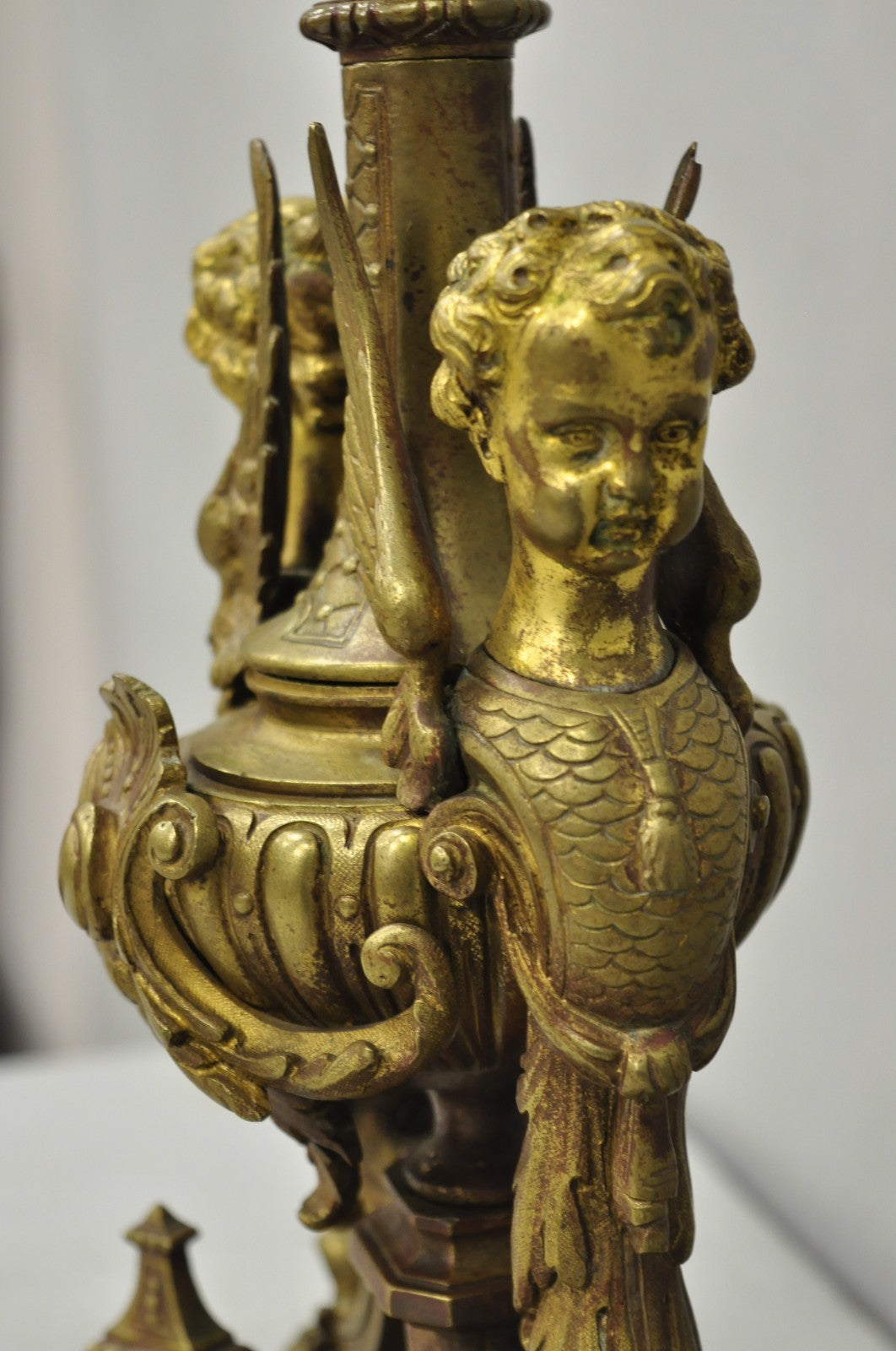 Antique French Louis XV Style Bronze Figural Winged Cherub Gold Table Lamp