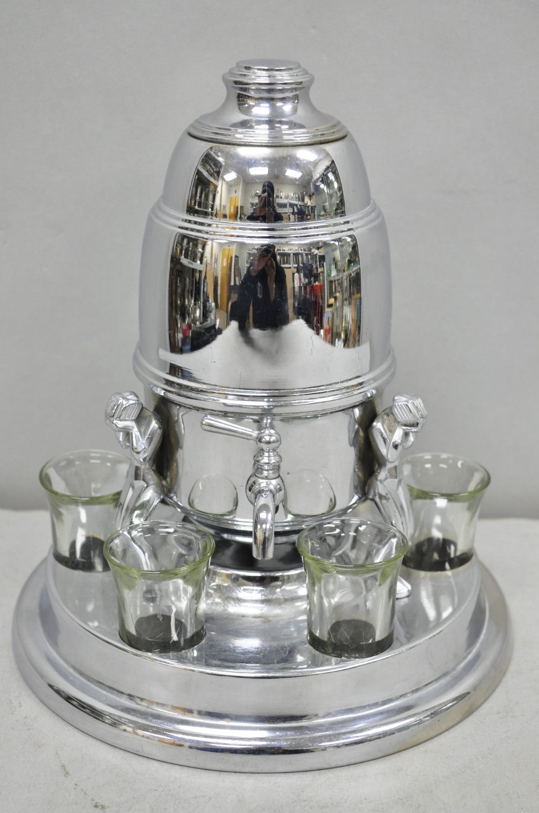 Vintage Art Deco Figural Chrome Metal Barware Samovar Decanter w/ Shot Glasses