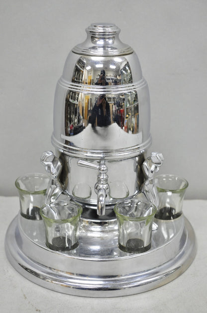 Vintage Art Deco Figural Chrome Metal Barware Samovar Decanter w/ Shot Glasses