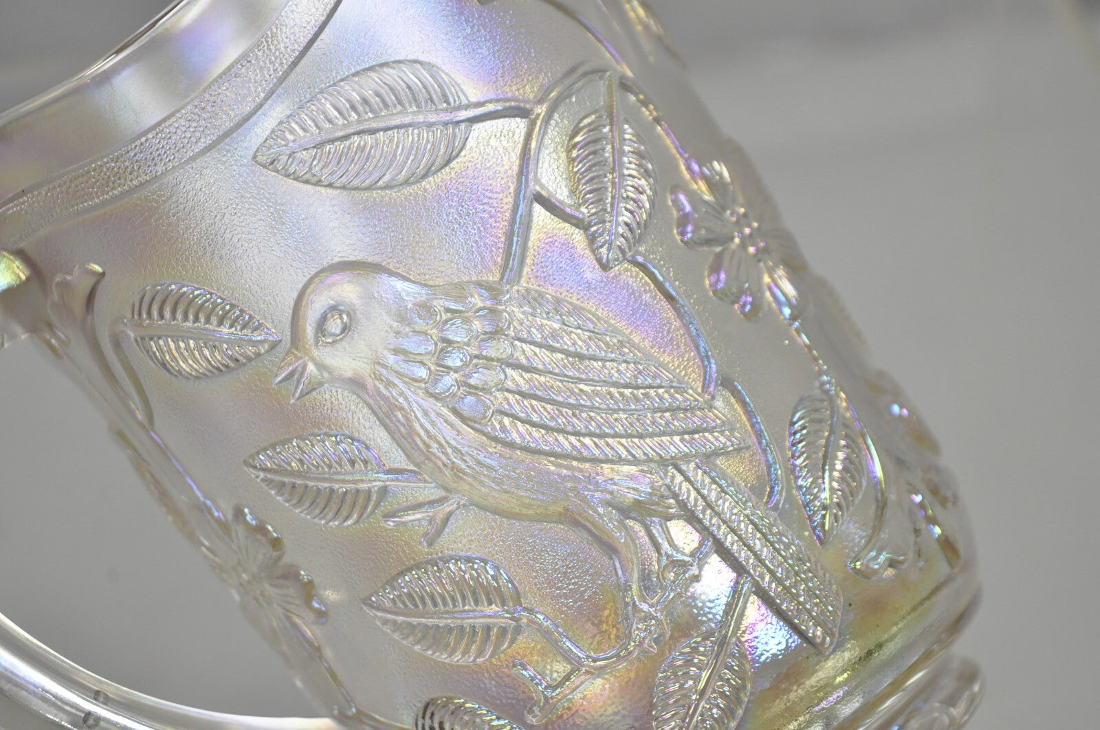 Vintage Imperial Carnival Glass Iridescent Frosty White Robins & Flowers Pitcher