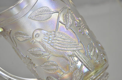Vintage Imperial Carnival Glass Iridescent Frosty White Robins & Flowers Pitcher