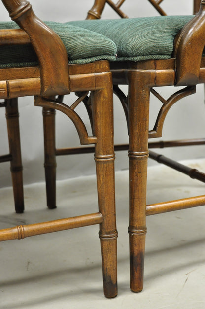 Vintage Chinese Chippendale Faux Bamboo Wood Fretwork Dining Arm Chairs - a Pair