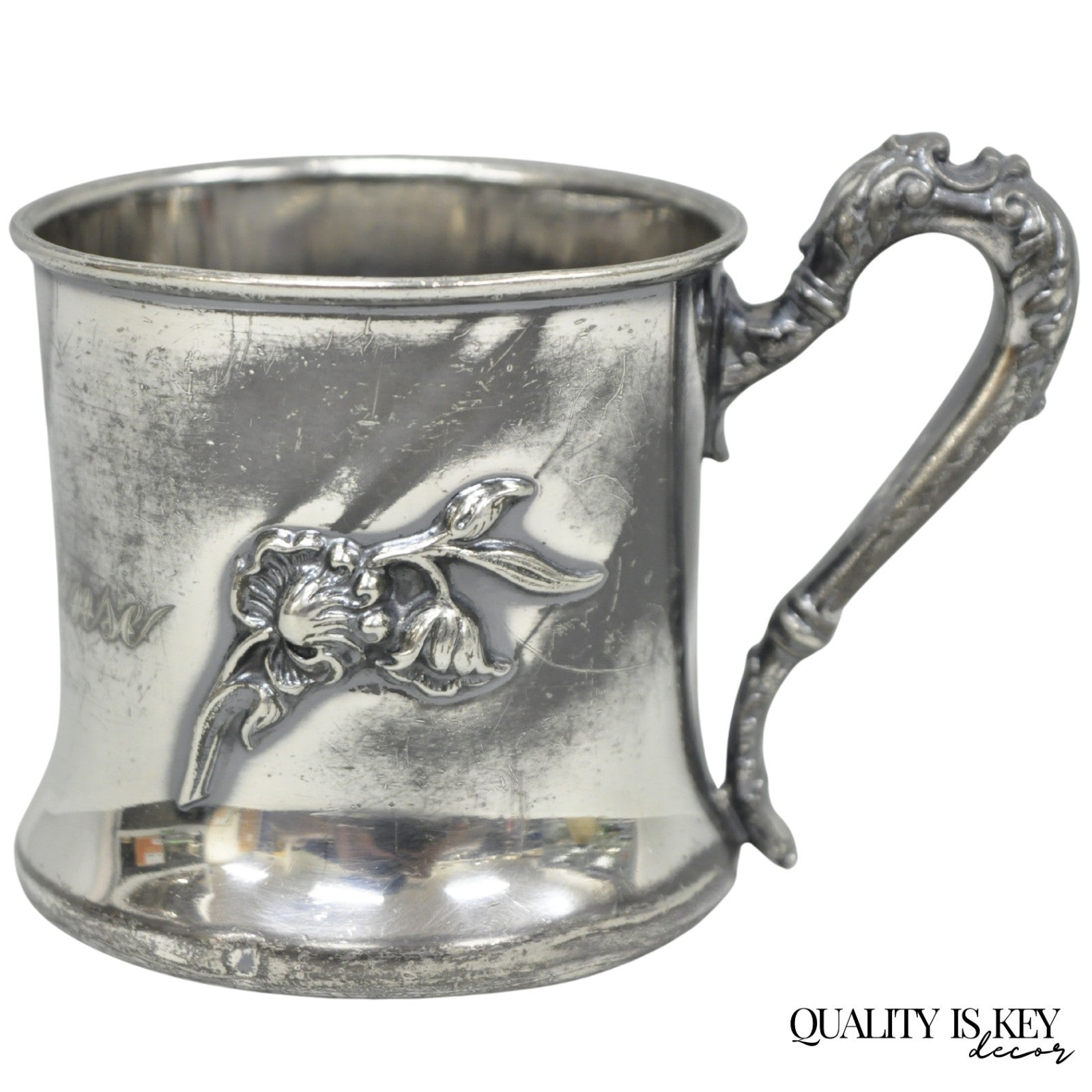 Antique Forbes Silver Co Art Nouveau Floral Monogramed Silver Plated Shaving Mug