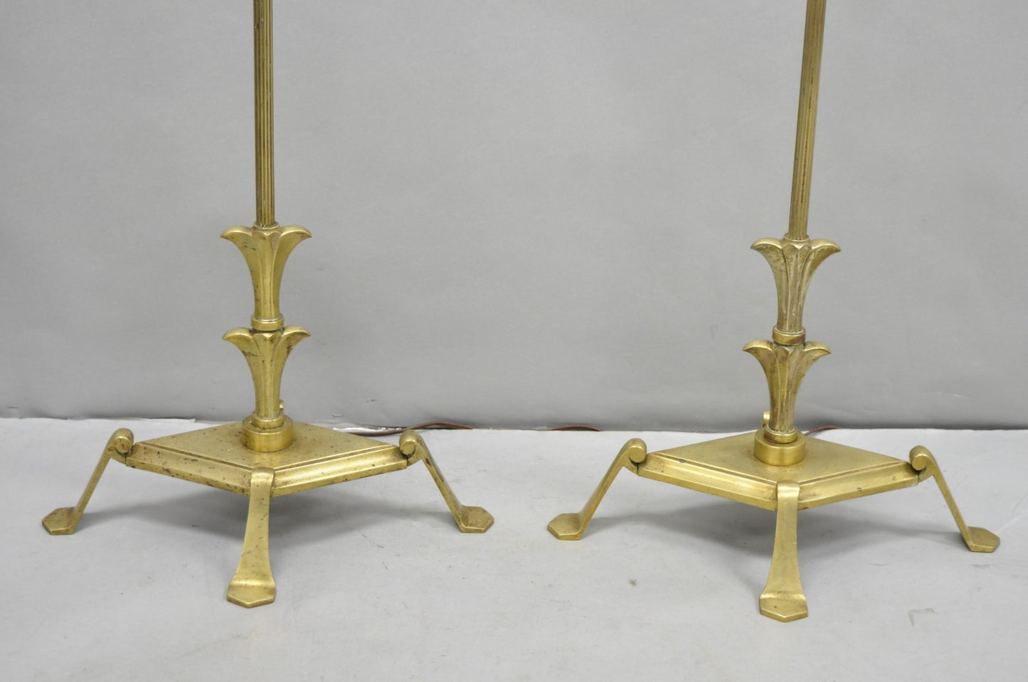 Antique Giacometti Style Brass Bronze Fleur de Lis Gothic Pole Floor Lamp - Pair