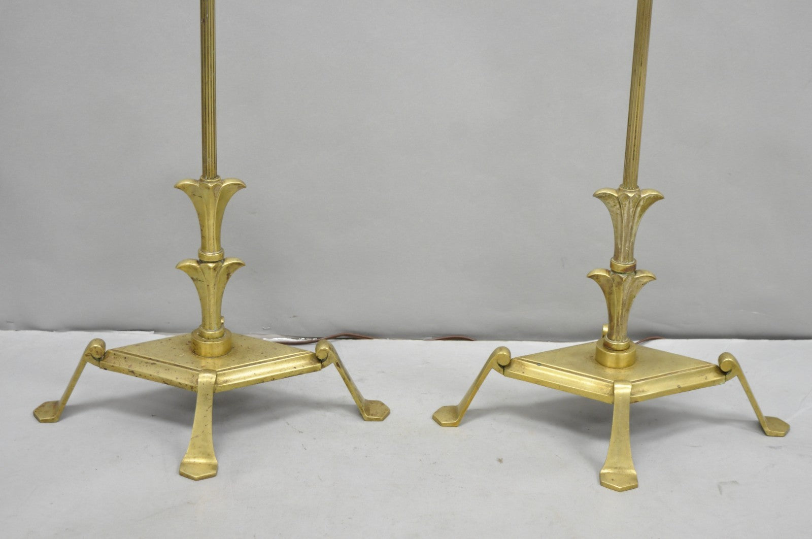 Antique Giacometti Style Brass Bronze Fleur de Lis Gothic Pole Floor Lamp - Pair
