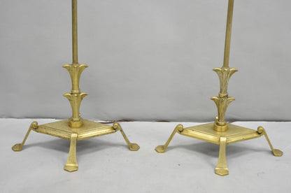 Antique Giacometti Style Brass Bronze Fleur de Lis Gothic Pole Floor Lamp - Pair