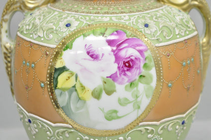 Antique Nippon Hand Painted Porcelain Green Moriage Twin Handle Portrait Vase