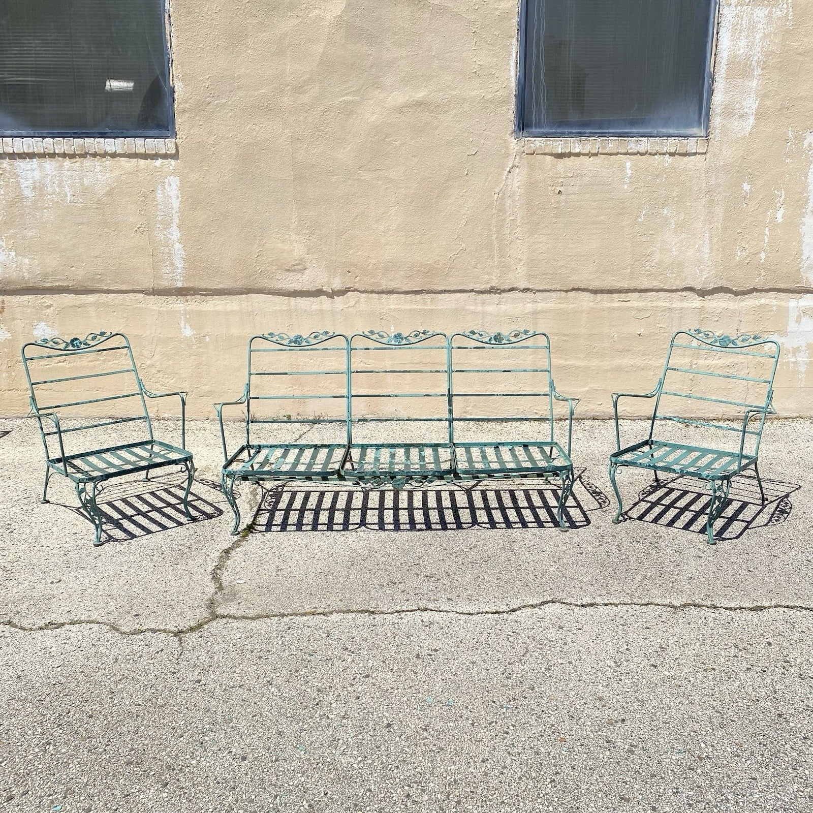 Vintage Woodard Wrought Iron Patio 3 Seat Sofa and Pair Lounge Chairs - 3 Pcs