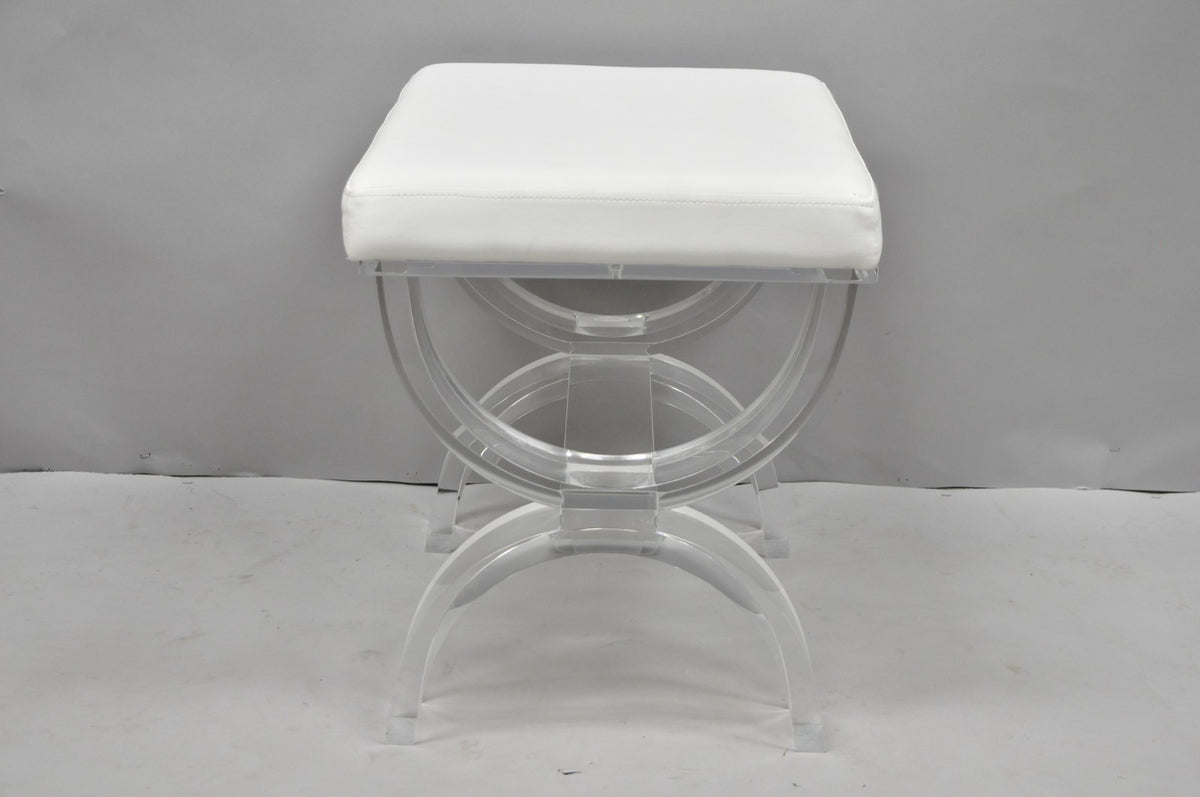 Contemporary Modern Lucite Acrylic X-Form White Vanity Bench Stool Seat